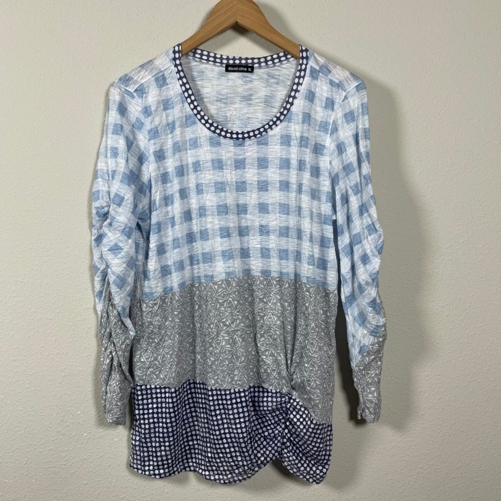 David Cline Mixed Print Top Women‎ XL Blue Gingham Polka Dot Ruched Long Sleeve